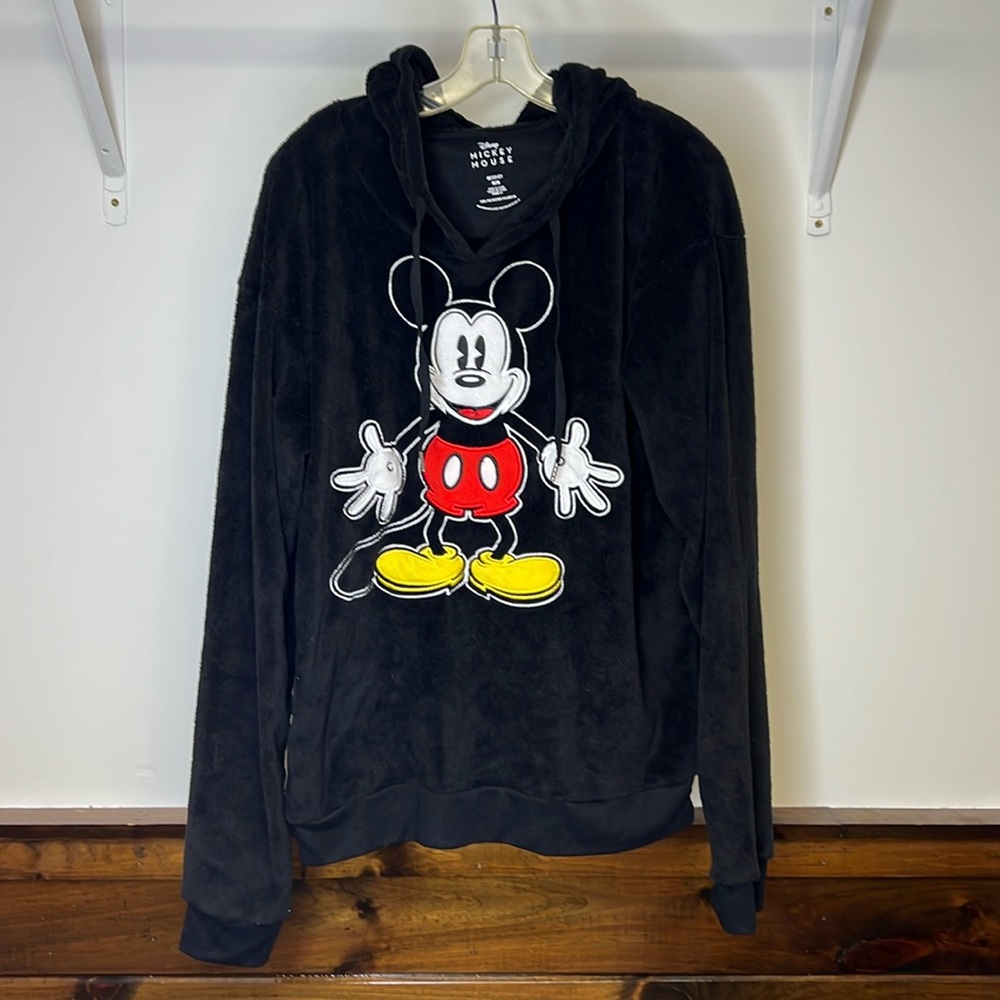 Disney‎ Mickey Mouse Fuzzy Graphic Hoodie w/ Mickey Ears on Hood- M